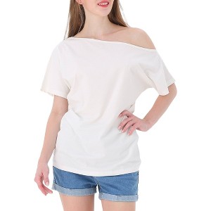 Anna-Kaci Women's Solid Cotton Stretchy Confident  Off Shoulder Casual T-Shirt Blouse - 1 of 4