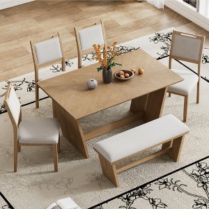 CAVINAS Dining Table Set for 6 Retro Table Set with Stable Trapezoidal Table Base 4 Chairs and Bench for Kitchen - 1 of 4