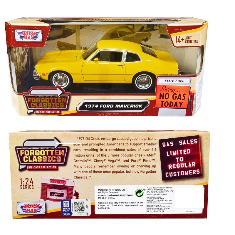1974 Ford Maverick Yellow "Forgotten Classics" Series 1/24 Diecast Model Car by Motormax, 3 of 4