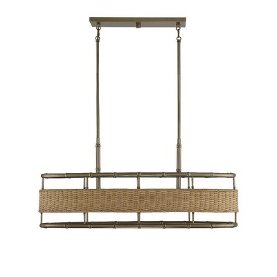 Arcadia 4-Light Linear Chandelier in Warm Brass with Natural Rattan