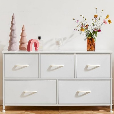 Bestier White 5 Drawer 11.8 in. Fabric Storage Tower Dresser Wooden Top Without mirror for Kid Room, Closet, Entryway, Nursery
