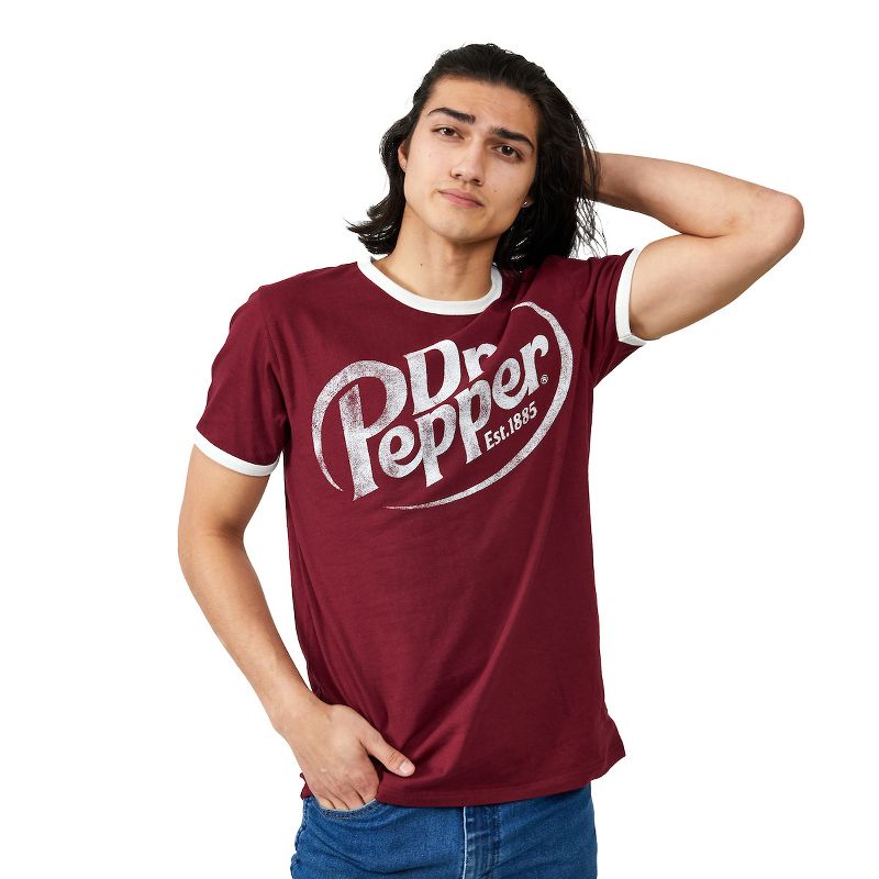 Dr Pepper Logo Crew Neck Short Sleeve Red Men's Ringer Tee, 2 of 4