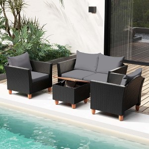 Costway 4 PCS Wicker Patio Furniture Set with Removable Cushions Storage Coffee Table White/Navy/Gray - 1 of 4