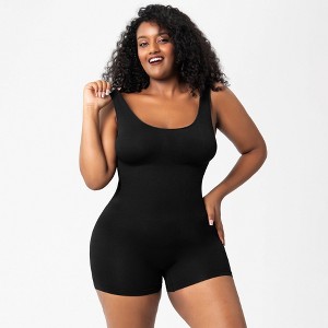 MISSKY Womens Plus Size Shapewear Jumpsuits Square Neck Tank Tops Short Romper Sports Bodysuit Short Catsuit Bodycon Bodysuits Summer Outfits - 1 of 4