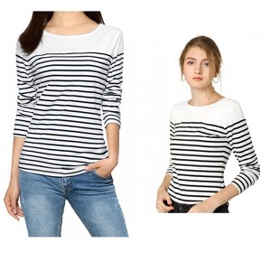 Allegra K Women's Color Block Round Neck Long Sleeves Striped Basic T-Shirt 2 Packs - 1 of 4