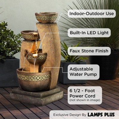 Beige and Brown Faux Stone Four Bowl Cascading Water Fountain with LED Light