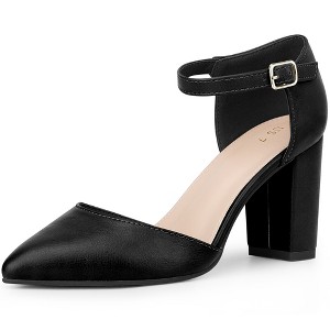 BLISSFUL STEP Women's Ankle Strap Pointy Toe Chunky Heel Pumps - 1 of 4