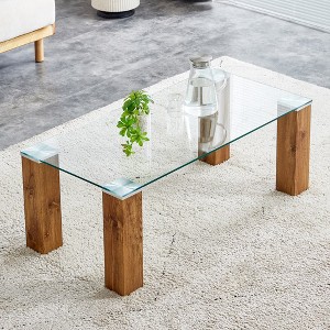 Modern Glass Coffee Table Accent Rectangular Tea Table With Glass Tabletop Wooden MDF Legs Center Table, Transparent 44.9"*21.7"*16.9" - 1 of 4