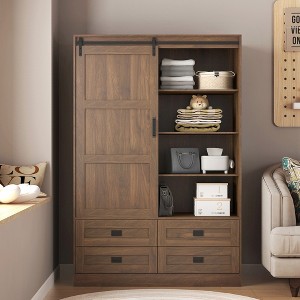 QingMoon Wooden Wardrobe Closet with Sliding Barn Door, Freestanding Clothing Storage Cabinet with 4 Drawers and Hanging Rail for Bedroom - 1 of 4