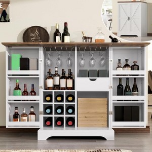 AMERLIFE 61" Farmhouse Bar Cabinet with 9 Wine Racks, Folding Storage Wine Liquor Cabinet, Rustic White - 1 of 3