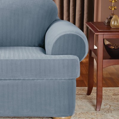 French Blue Stretch Pinstripe T-Cushion Chair Slipcover