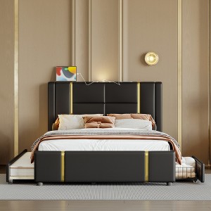 Queen Size Upholstered Bed Platform Bed with Trundle Bed, 2 Drawers, Night Light and USB Charger, Beige/Black-ModernLuxe - 1 of 4
