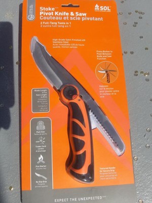 Adventure Medical Stoke Pivot Knife and Saw Black/Orange TPR Handle 420  Plain Edge AD01401018