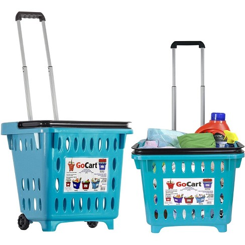 Dbest Products Folding GoCart Collapsible Laundry Basket on Wheels Grocery Cart Shopping Foldable Pop Up Plastic Hamper Tote Handles Cesto Para Ropa