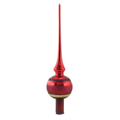 Inge Glas 11.5" Block Stripes Dark Red Finial Tree Topper Christmas  -  Tree Toppers