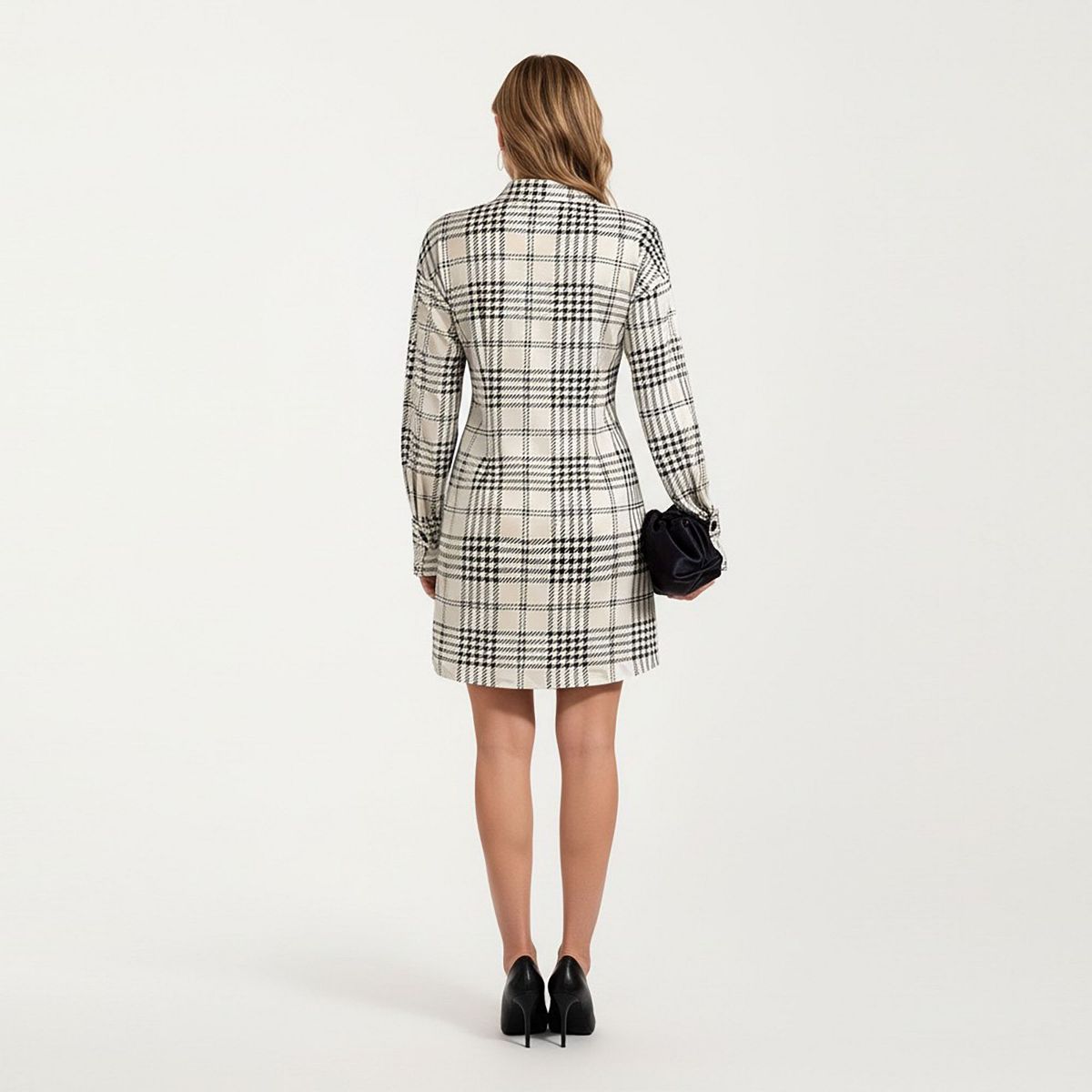 Anna-Kaci Women's Plaid Long Sleeve Shirt Dress with Button Front and Waist Seaming - thumbnail 4