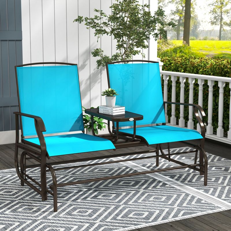 Outsunny 2-Person Outdoor Glider Bench w/ Center Table, Steel Frame for Backyard Garden Porch, Blue, 2 of 7