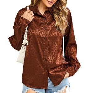 Leopard Stain Button Down Shirts for Women Roll Up Long Sleeve V Neck Casual Work Shirts - 1 of 4