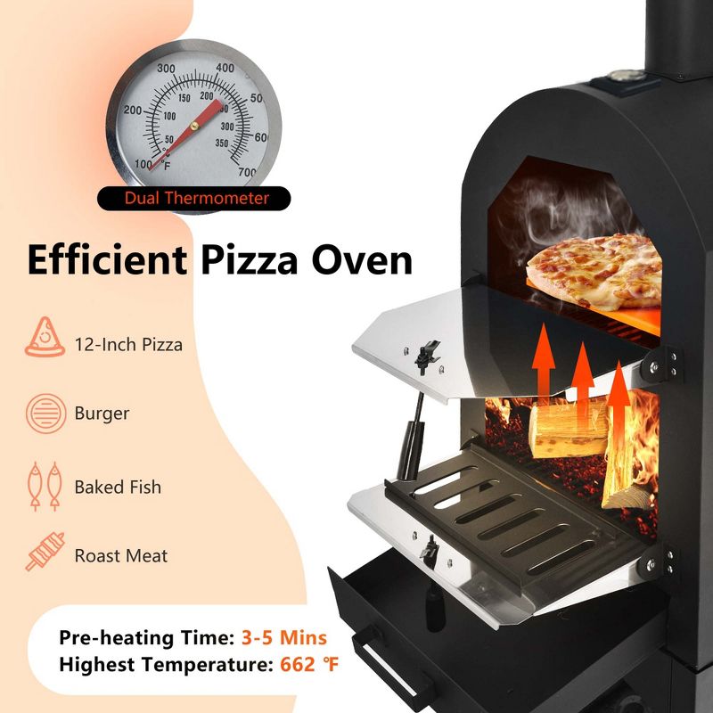 Costway Outdoor Pizza Oven Wood Fire Pizza Maker Grill w/ Pizza Stone & Waterproof Cover, 6 of 12