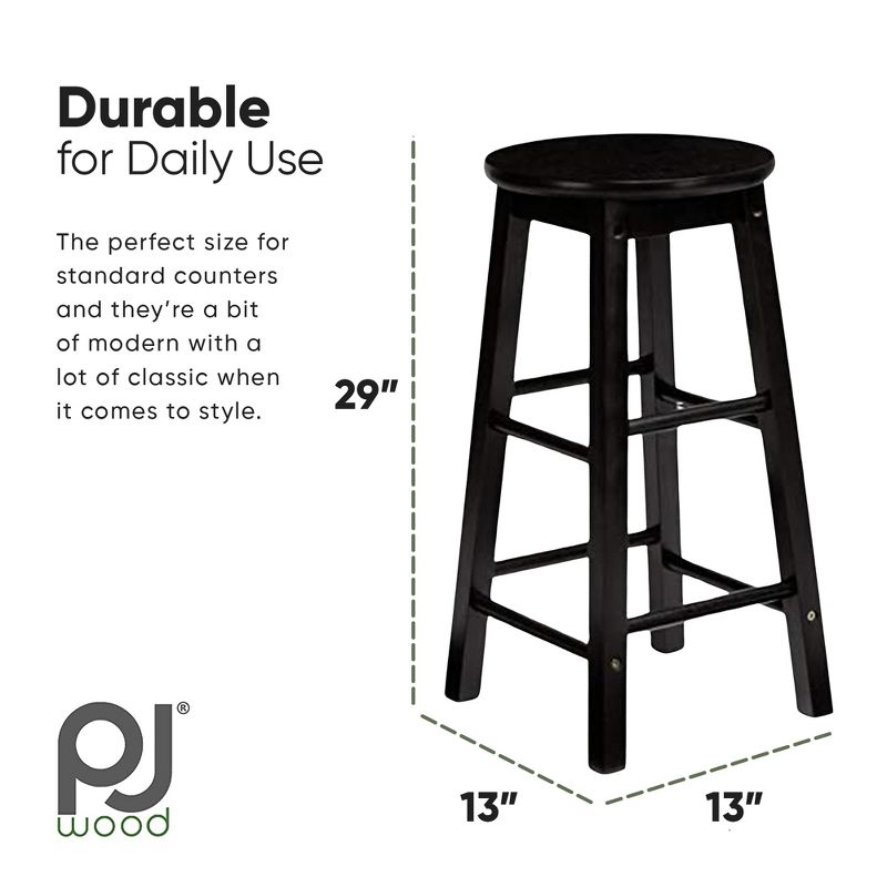 PJ Wood Classic Round-Seat 29 Inch Tall Kitchen Counter Stools for Homes, Dining Spaces, and Bars with Backless Seats, 4 Square Legs, Black, Set of 2, 3 of 7