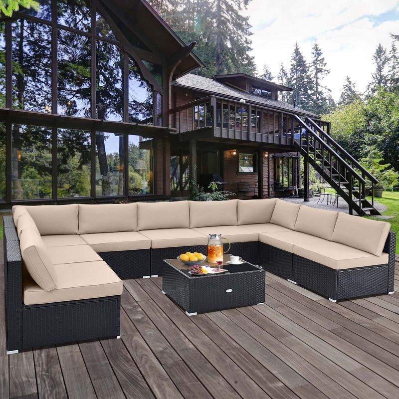 Costway 10 PCS Patio Rattan Furniture Set Outdoor Wicker Sofa Table Cushioned Seat Black/Brown, 3 of 11