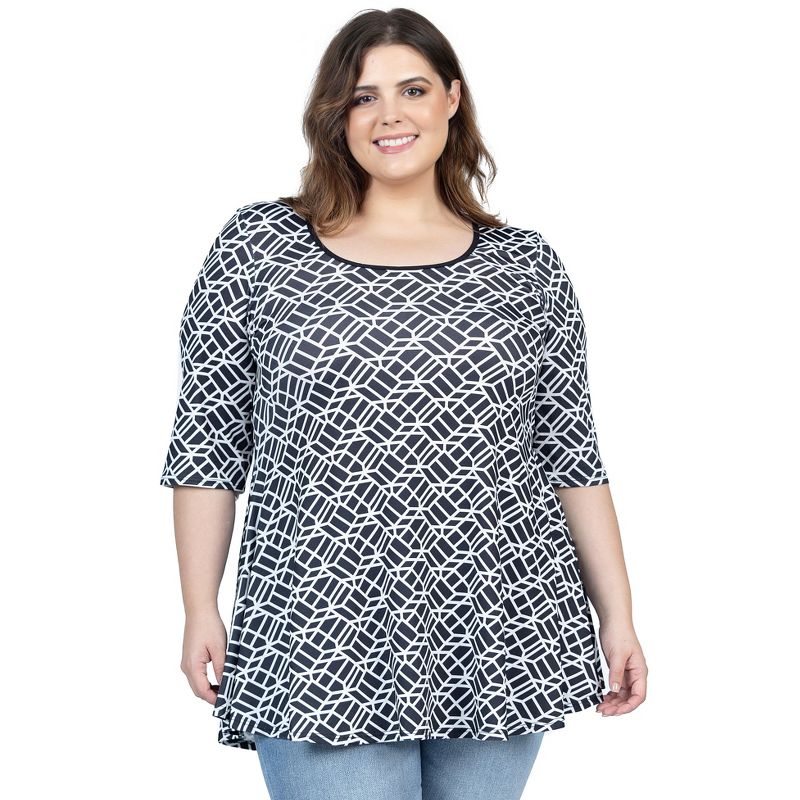 24seven Comfort Apparel Womens Plus Size Black Geometric Print Elbow Sleeve Casual Tunic Top, 5 of 7