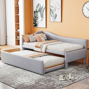 MAYEERTY Twin Size L-Shaped Upholstered Daybed, Pop Up Trundle, Bedroom, Beige - 1 of 4