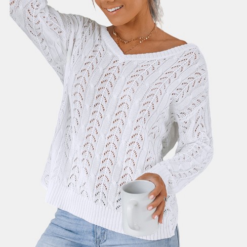 Women's Pointelle Knit Twisted-Back Sweater - Cupshe-L-White