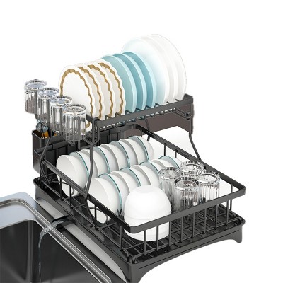 SEVOBAL 2-Tier Dish Racks Kitchen Holder Dish Drying Rack Drainboard Detachable Drainer Organizer Utensil Cup Rack Swivel, Black, 17.36"*12.68"*4.29"