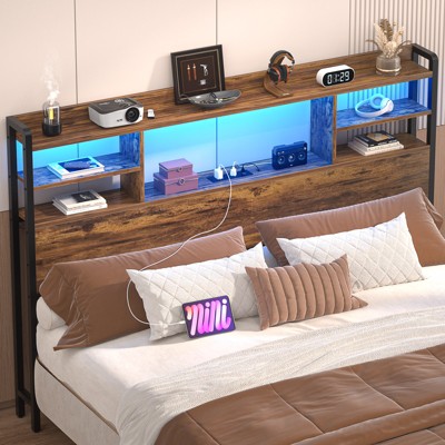 Aheaplus Headboard with Storage shelves and Charging Station, Wood Headboard with LED Light
