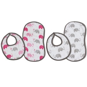 Bacati - Elephants Pink/Gray Muslin 4 pc set of Bibs & Burp Cloths Set - 1 of 4