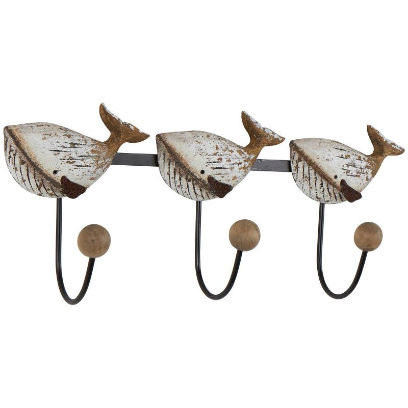 8&#34;x18&#34; Wood Whale Handmade Distressed 3 Hanger Wall Hook with Black Metal Accents and Wood Ball Details Beige - Olivia &#38; May, 5 of 8