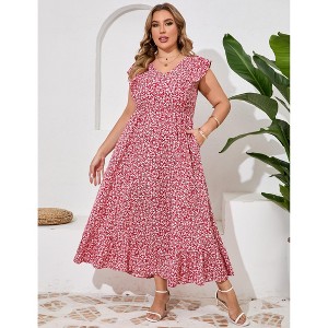 Women's Plus Size Summer Dress with Pocket Ruffle Cap Sleeveless V Neck Side Split Long Beach Maxi Dress - 1 of 4