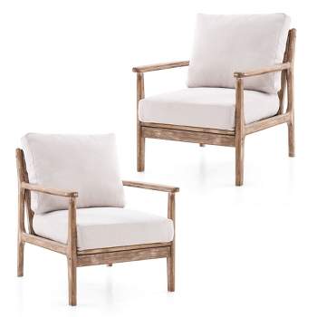 Tangkula Wooden Accent Chair 2 Set Armchair w/ Solid Wood Frame Removable Seat Cushion
