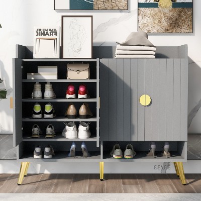 TIRAMISUBEST Gray Wood Shoe Cabinet with Doors & 11 Adjustable Shelves - Entryway Storage Organizer for Hallway, Living Room