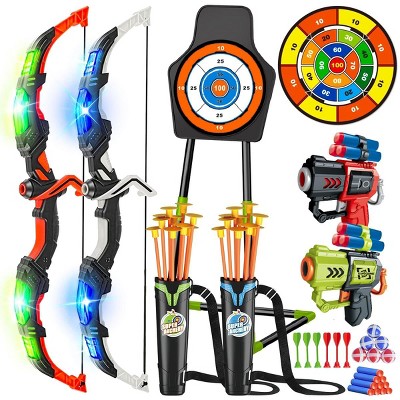 VATOS 2 Pack Bow and Arrow Toy, Light Up Archery Toy with Cup Suction Standing Target & 29 in Dart Board Toys for Kids 5-12 Year