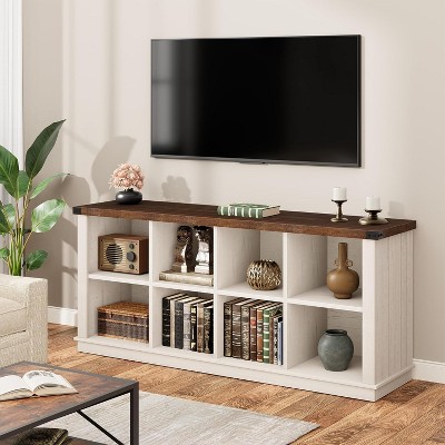 8 Cube Book Shelf, Rustic Farmhouse Wood Horizontal Bookshelf, Freestanding Bookcase Cabinet, 2-Tier Storage Organizer for Home, Office Brown White