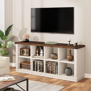 8 Cube Book Shelf, Rustic Farmhouse Wood Horizontal Bookshelf, Freestanding Bookcase Cabinet, 2-Tier Storage Organizer for Home, Office Brown White - 1 of 4