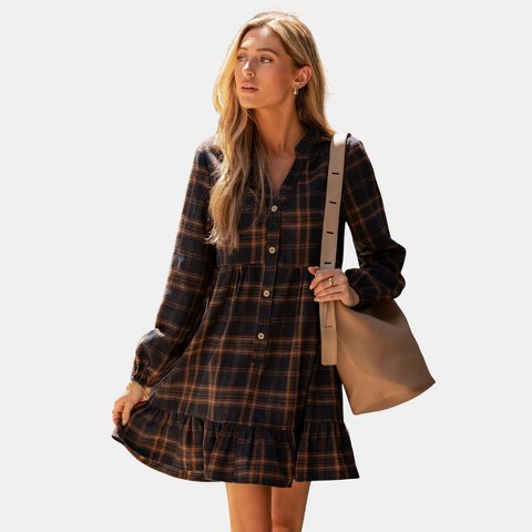 Женские платья Cupshe Women's Elegant Plaid Tiered Shirt Mini Dress-M-Blue