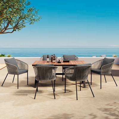 7 Pieces Patio Dining Set,Garden Furniture Rectangular Wood Dining Table and Rope Back Upholstered Chairs,Outdoor Garden Dining Set-Coolbibila