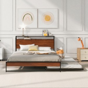 Queen Size Metal Platform Bed Frame with Trundle, USB Ports, Slat Support, No Box Spring Needed - 1 of 4
