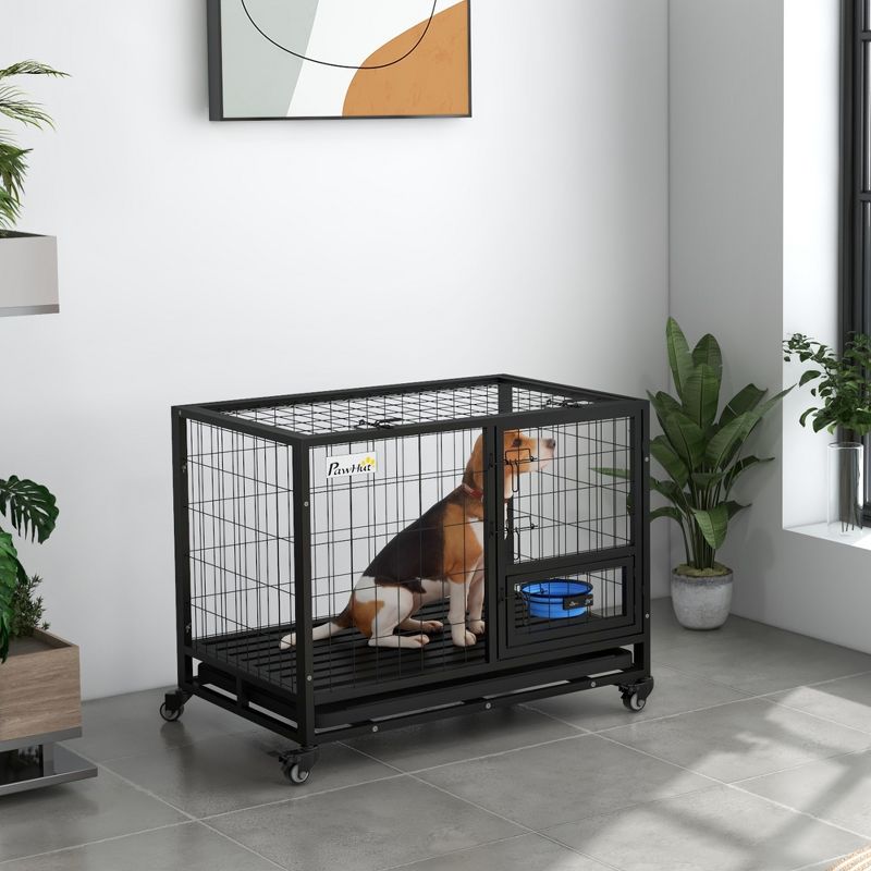 PawHut Heavy Duty Dog Crate, Strong Steel Dog Crate w/ Bowl Holder, Wheels, Detachable Top Removable & Tray for Dogs, Black, 2 of 7