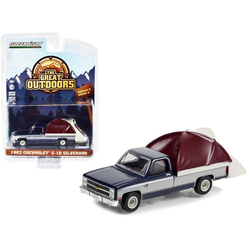 1982 Chevrolet C-10 Silverado Pickup Truck Blue and Silver with Modern Truck Bed Tent 1/64 Diecast Model Car by Greenlight, 1 of 4