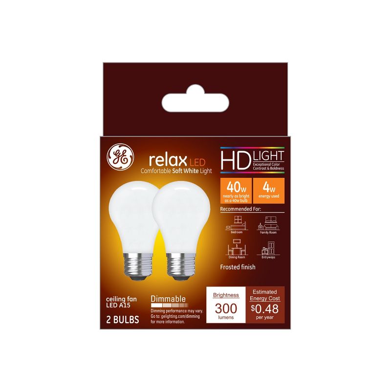 GE 2pk 4W 40W Equivalent Relax LED HD Ceiling Fan Light Bulbs Soft White, 1 of 5