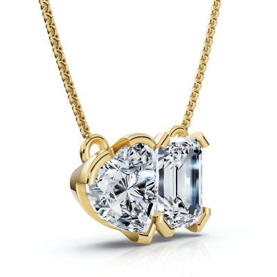 Pompeii3 2Ct Toi Et Moi Heart Emerald Diamond Pendant 14k Gold 18" Necklace Lab Created