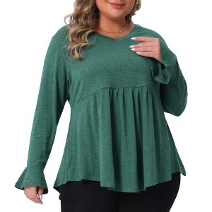 Women's Plus Size Pleat Peplum Curved Hem V Neck Ruffle Sleeve Casual Tunic Blouses - Agnes Orinda - 1 of 4