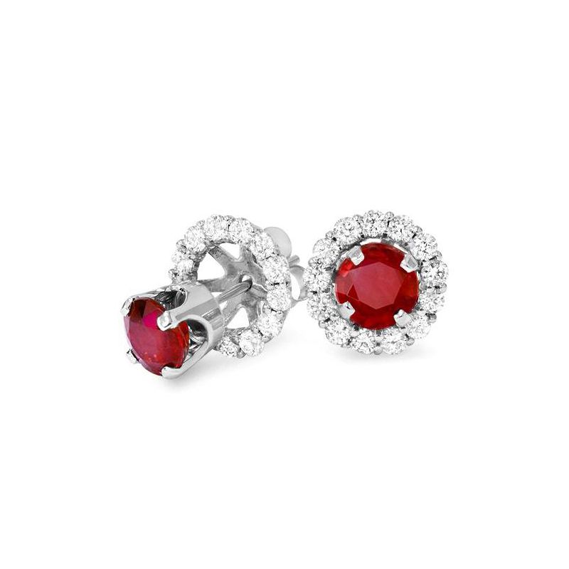 Pompeii3 Women's 3/4ct Ruby Studs & Diamond Halo Earring  Jackets Solid 14k White Gold, 1 of 3