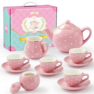 Joyfy Porcelain Tea Set for Girls, 12PCS Pink Childs Tea Party Set, Pretend Play Toys for Toddlers Kids Christmas Birthday Gifts Ages 3 4 5 - 1 of 4