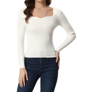 Allegra K Women's Sweetheart Neck Casual Long Sleeve Slim Fit Pullover Sweater - 1 of 4