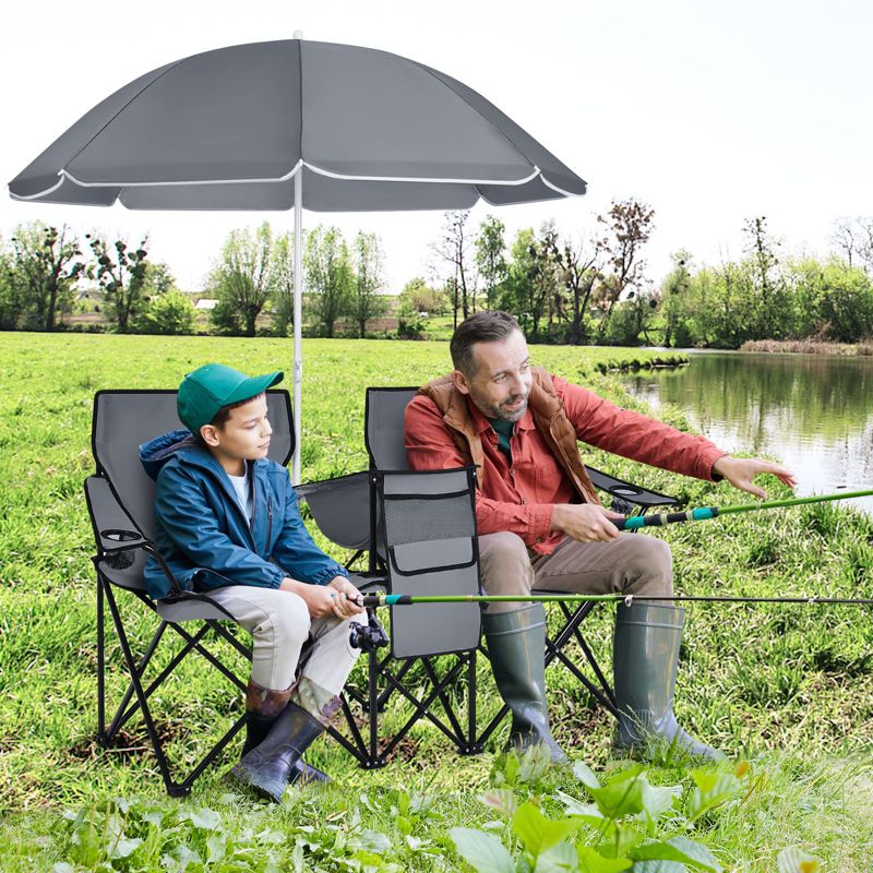 Tangkula Portable Double Camping Chair, Folding Picnic Loveseat W/ Removable Adjustable Umbrella, Carrying Bag, Cooler Bag, Side Pocket & Cupholder Red/Gray/Black/Turquoise, 2 of 11